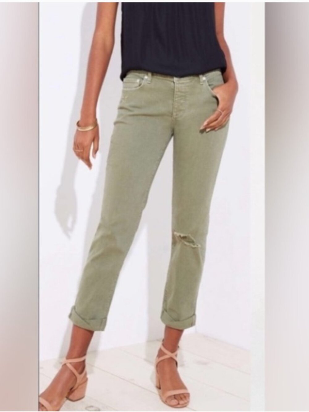 Loft Button Fly Distressed Olive Green Boyfriend Jeans Medium Rise Size 00/24